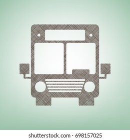 Bus sign illustration. Vector. Brown flax icon on green background with light spot at the center.