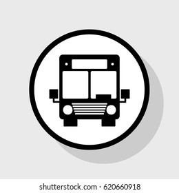 Bus sign illustration. Vector. Flat black icon in white circle with shadow at gray background.