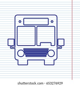 Bus sign illustration. Vector. Navy line icon on notebook paper as background with red line for field.