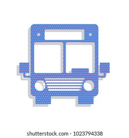 Bus sign illustration. Vector. Neon blue icon with cyclamen polka dots pattern with light gray shadow on white background. Isolated.
