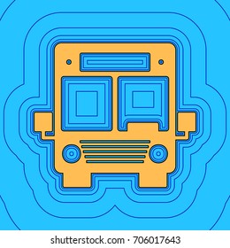 Bus sign illustration. Vector. Sand color icon with black contour and equidistant blue contours like field at sky blue background. Like waves on map - island in ocean or sea.