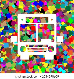 Bus sign illustration. Vector. White icon on colorful background with seamless pattern from squares.