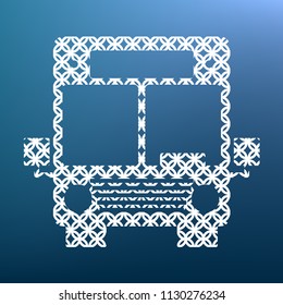 Bus sign illustration. Vector. White textured icon at lapis lazuli gradient background.