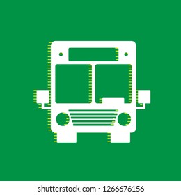 Bus sign illustration. Vector. White flat icon with yellow striped shadow at green background.