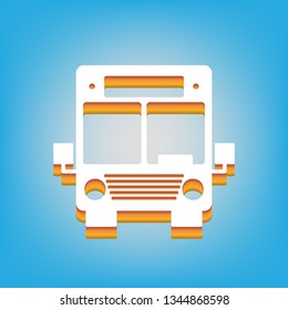 Bus sign illustration. Vector. White icon with 3d warm-colored gradient body at sky blue background.