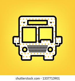 Bus sign illustration. Vector. Yellow polka dot white icon with black contour at warm yellow background.
