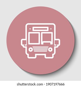 Bus sign illustration. White contoured icon on rosy brown button with shadow. Illustration.