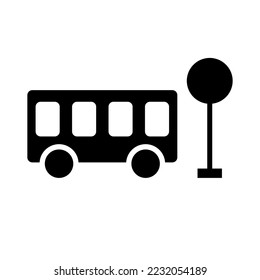 Bus silhouette icon and bus stop pole icon. Bus terminal. Vector.