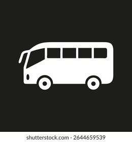 Bus silhouette logo. White icon public transport minibus isolated on black background. Vector illustration side view.