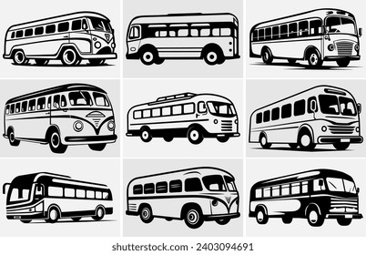 Bus silhouette on white background. Vehicle icons set view from side, front, and back. Tour Bus silhouette.