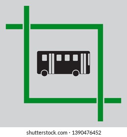Bus simple sign. Black icon inside green crop tool at light gray background