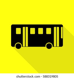Bus simple sign. Black icon with flat style shadow path on yellow background.