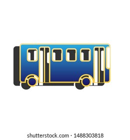 Bus simple sign. Blue icon with gold contour with dark gray shadow at white background. Illustration.