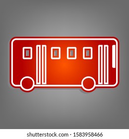 Bus simple sign. Flat red icon with linear white icon with gray shadow at grayish background. Illustration.