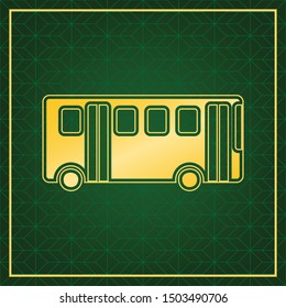 Bus simple sign. Golden icon with gold contour at dark green gridded  background. Illustration.