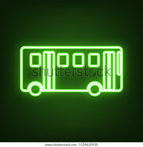 Bus simple sign. Green neon icon in the\
dark. Blurred lightening.\
Illustration.