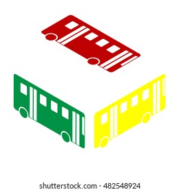 Bus simple sign. Isometric style of red, green and yellow icon.
