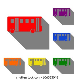 Bus simple sign. Set of red, orange, yellow, green, blue and violet icons at white background with flat shadow.