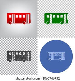Bus simple sign. Vector. 4 styles. Red gradient in radial lighted background, green flat and gray scribble icons on transparent and linear one in blue circle.