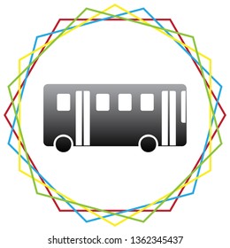 Bus simple sign. Vector. Black icon with patch of light inside colorful hexagonal frames at white background.