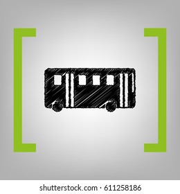 Bus simple sign. Vector. Black scribble icon in citron brackets on grayish background.