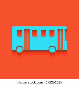 Bus simple sign. Vector. Blue icon with soft shadow putted down on flamingo background.