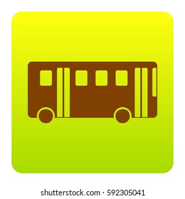 Bus simple sign. Vector. Brown icon at green-yellow gradient square with rounded corners on white background. Isolated.