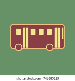 Bus simple sign. Vector. Cordovan icon and mellow apricot halo with light khaki filled space at russian green background.