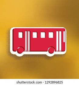 Bus simple sign. Vector. Magenta icon with darker shadow, white sticker and black popart shadow on golden background.