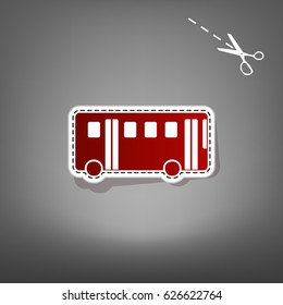 Bus simple sign. Vector. Red icon with for applique from paper with shadow on gray background with scissors.