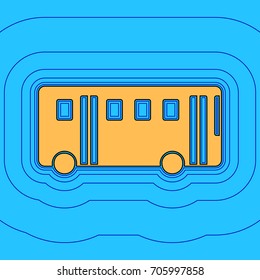 Bus simple sign. Vector. Sand color icon with black contour and equidistant blue contours like field at sky blue background. Like waves on map - island in ocean or sea.