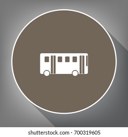 Bus simple sign. Vector. White icon on brown circle with white contour and long shadow at gray background. Like top view on postament.