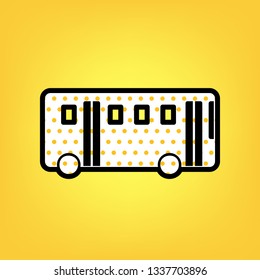 Bus simple sign. Vector. Yellow polka dot white icon with black contour at warm yellow background.