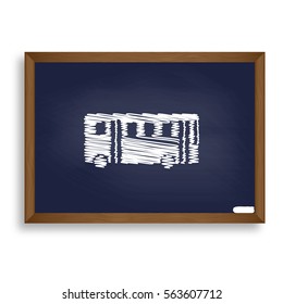 Bus simple sign. White chalk icon on blue school board with shadow as background. Isolated.