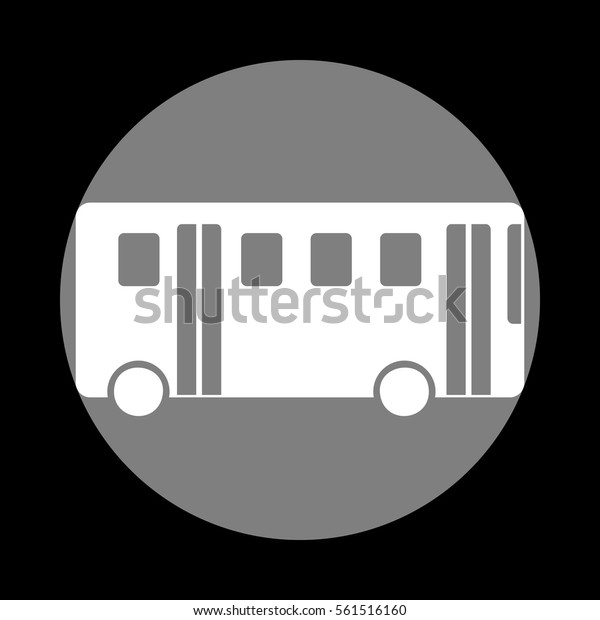 Bus simple sign.\
White icon in gray circle at black background. Circumscribed\
circle. Circumcircle.