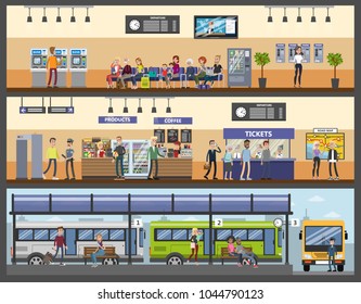 Bus station building interior illustrations with people.