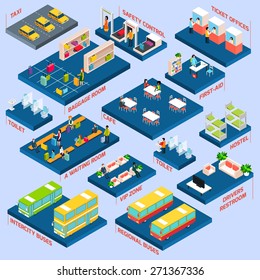 Bus station concept with isometric waiting baggage room toilets and cafe icons vector illustration