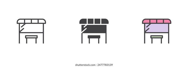 Bus station different style icon set. Line, glyph and filled outline colorful version, outline and filled vector sign. Symbol, logo illustration. Vector graphics