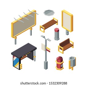 Bus station elements isometric vector illustration set. City streetlights and garbage can. Trash bin and fire hydrant. Bus stop objects pack. Modern urban city isolated design elements