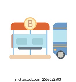 Bus station flat icon. Bus stop vector illustration in cartoon style. Perfect for transport, travel, and city-themed projects. Ideal for apps and websites.