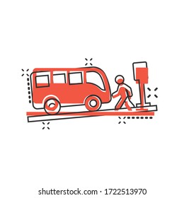 Bus station icon in comic style. Auto stop cartoon vector illustration on white isolated background. Autobus vehicle splash effect business concept.