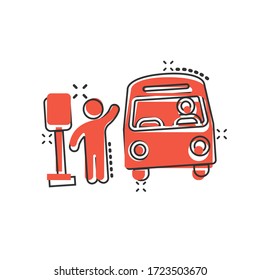 Bus station icon in comic style. Auto stop cartoon vector illustration on white isolated background. Autobus vehicle splash effect business concept.