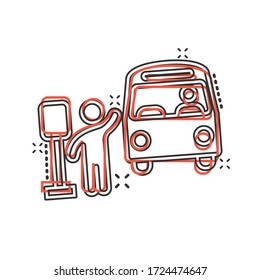 Bus station icon in comic style. Auto stop cartoon vector illustration on white isolated background. Autobus vehicle splash effect business concept.