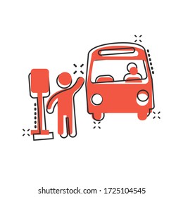 Bus station icon in comic style. Auto stop cartoon vector illustration on white isolated background. Autobus vehicle splash effect business concept.