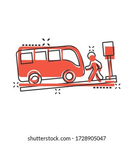 Bus station icon in comic style. Auto stop cartoon vector illustration on white isolated background. Autobus vehicle splash effect business concept.