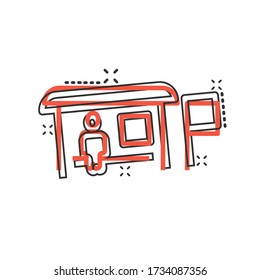 Bus station icon in comic style. Auto stop cartoon vector illustration on white isolated background. Autobus vehicle splash effect business concept.