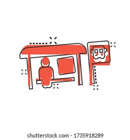 Bus station icon in comic style. Auto stop cartoon vector illustration on white isolated background. Autobus vehicle splash effect business concept.