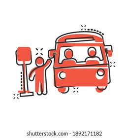 Bus station icon in comic style. Auto stop cartoon vector illustration on white isolated background. Autobus vehicle splash effect business concept.