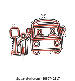 Bus station icon in comic style. Auto stop cartoon vector illustration on white isolated background. Autobus vehicle splash effect business concept.