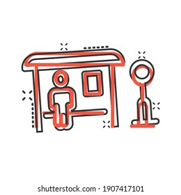 Bus station icon in comic style. Auto stop cartoon vector illustration on white isolated background. Autobus vehicle splash effect business concept.